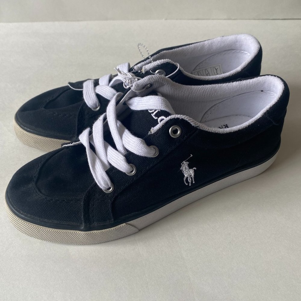 Polo Ralph Lauren Youth Canvas Lace Up Pony Logo Sneakers Shoes Black Size 3 NEW